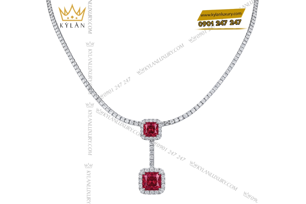 Dây chuyền vàng trắng Au750 đính kim cương và sapphire đỏ