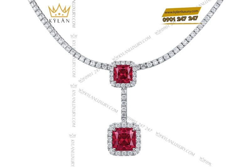 Dây chuyền vàng trắng Au750 đính kim cương và sapphire đỏ