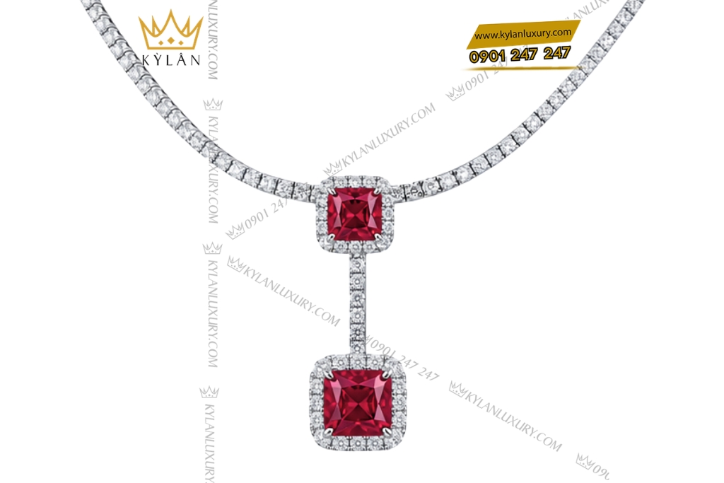 Dây chuyền vàng trắng Au750 đính kim cương và sapphire đỏ