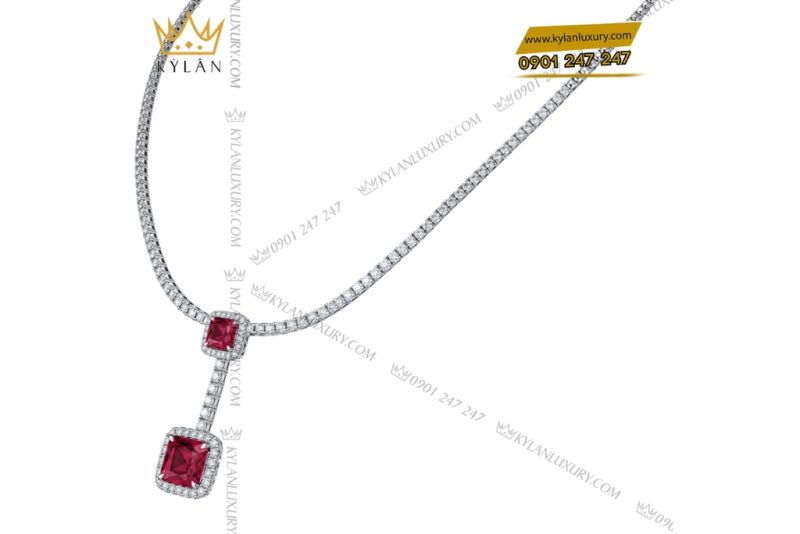 Dây chuyền vàng trắng Au750 đính kim cương và sapphire đỏ