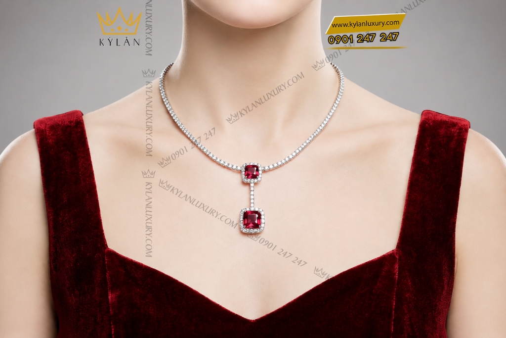 Dây chuyền vàng trắng Au750 đính kim cương và sapphire đỏ