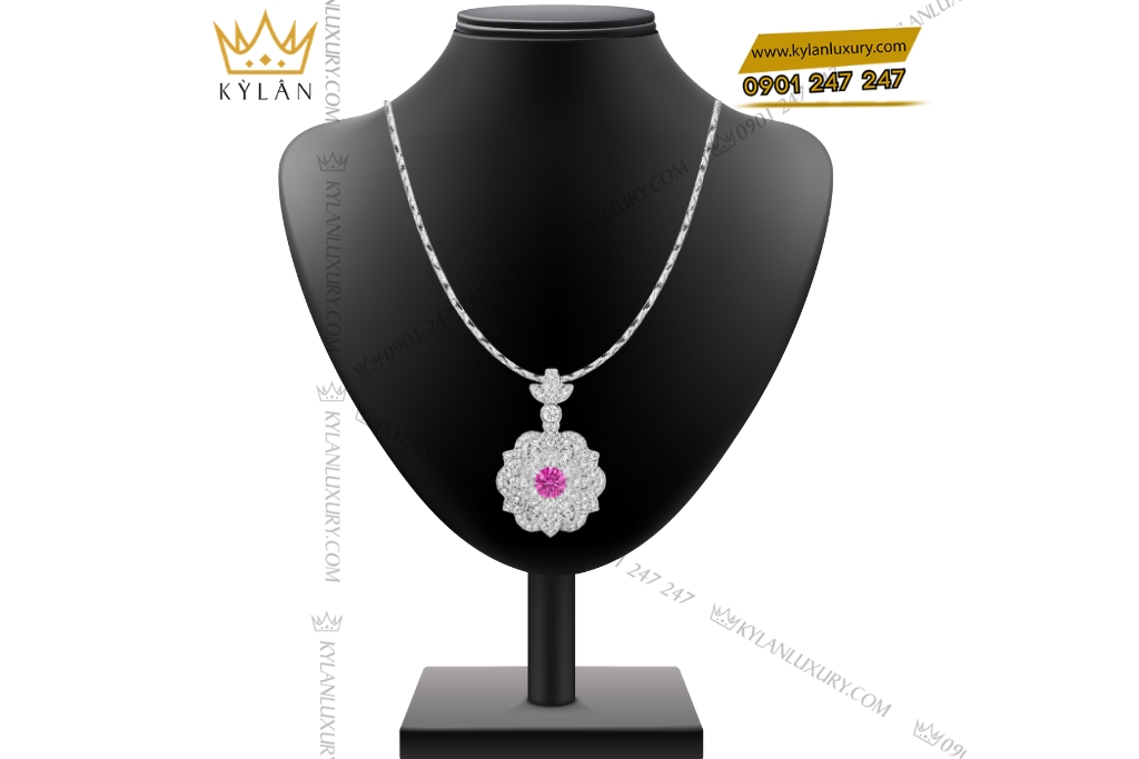 Kỳ Lân Luxury Day chuyen vang trang Au750 dinh kim cuong va sapphire hong 2 1 Dây chuyền vàng trắng Au750 đính kim cương và sapphire hồng