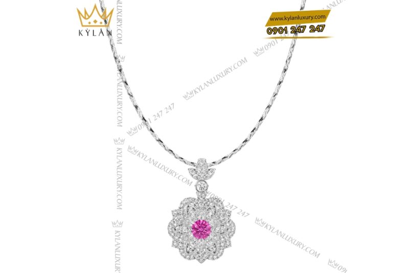 Dây chuyền vàng trắng Au750 đính kim cương và sapphire hồng