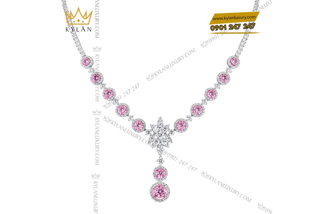 Dây chuyền vàng trắng Au750 đính kim cương và sapphire hồng