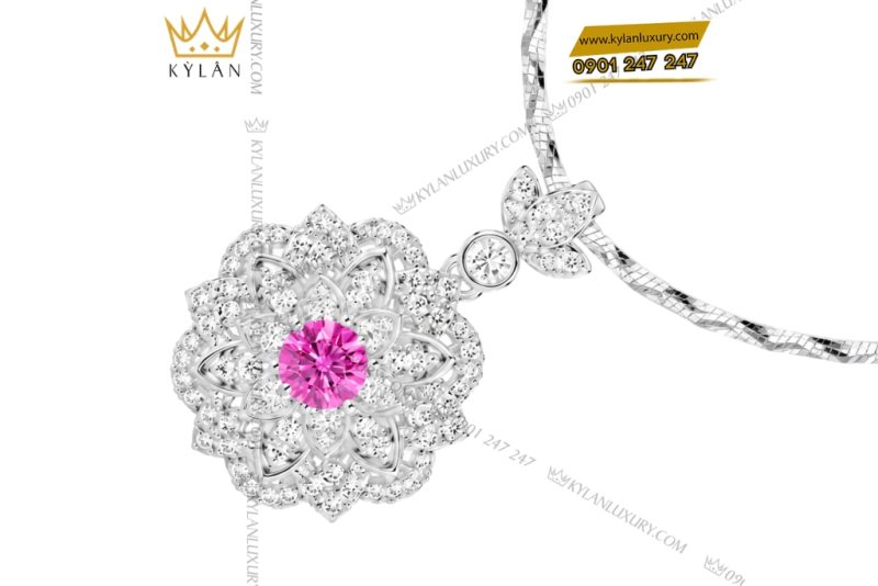 Dây chuyền vàng trắng Au750 đính kim cương và sapphire hồng