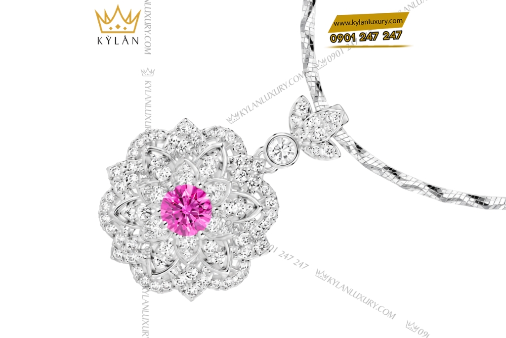 Dây chuyền vàng trắng Au750 đính kim cương và sapphire hồng