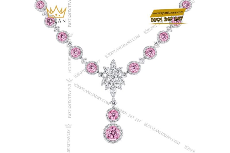 Dây chuyền vàng trắng Au750 đính kim cương và sapphire hồng