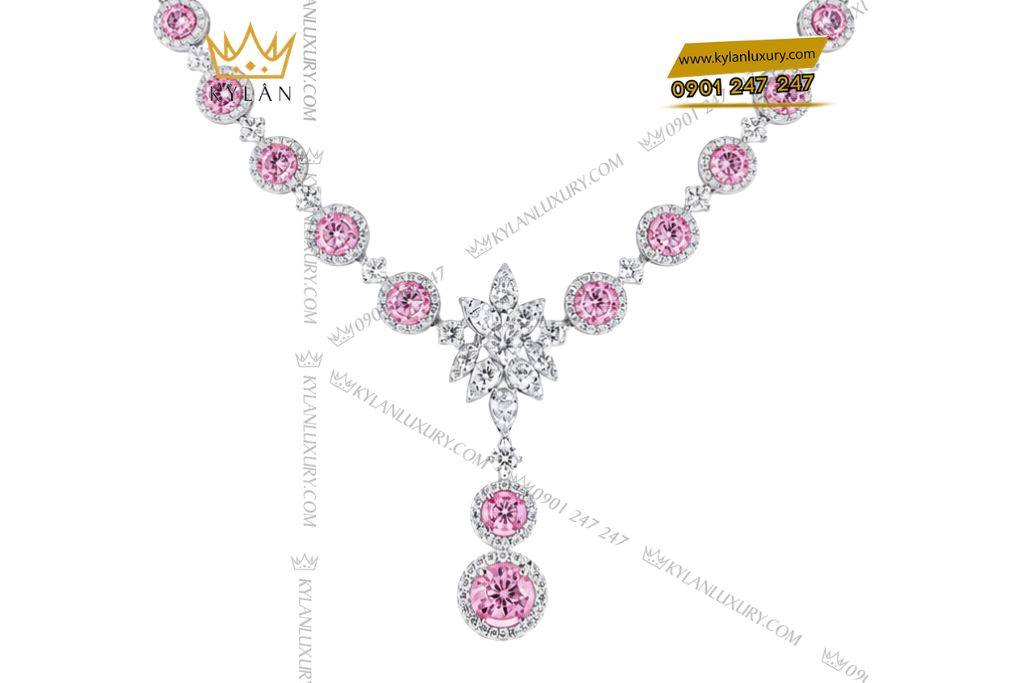 Dây chuyền vàng trắng Au750 đính kim cương và sapphire hồng