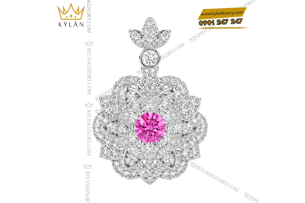 Dây chuyền vàng trắng Au750 đính kim cương và sapphire hồng