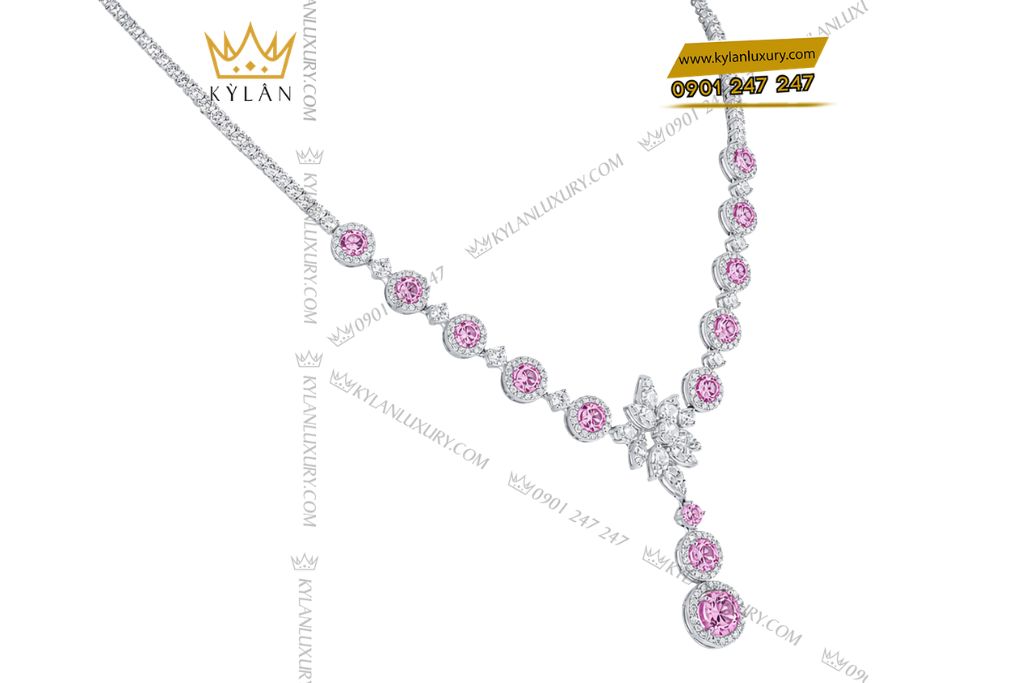 Dây chuyền vàng trắng Au750 đính kim cương và sapphire hồng