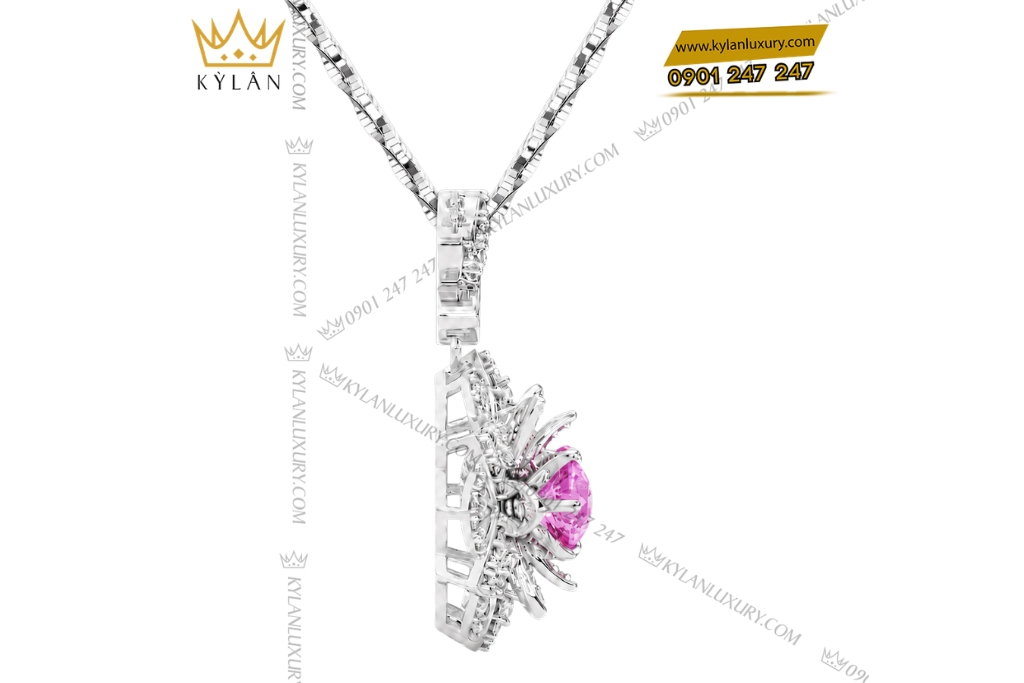 Dây chuyền vàng trắng Au750 đính kim cương và sapphire hồng