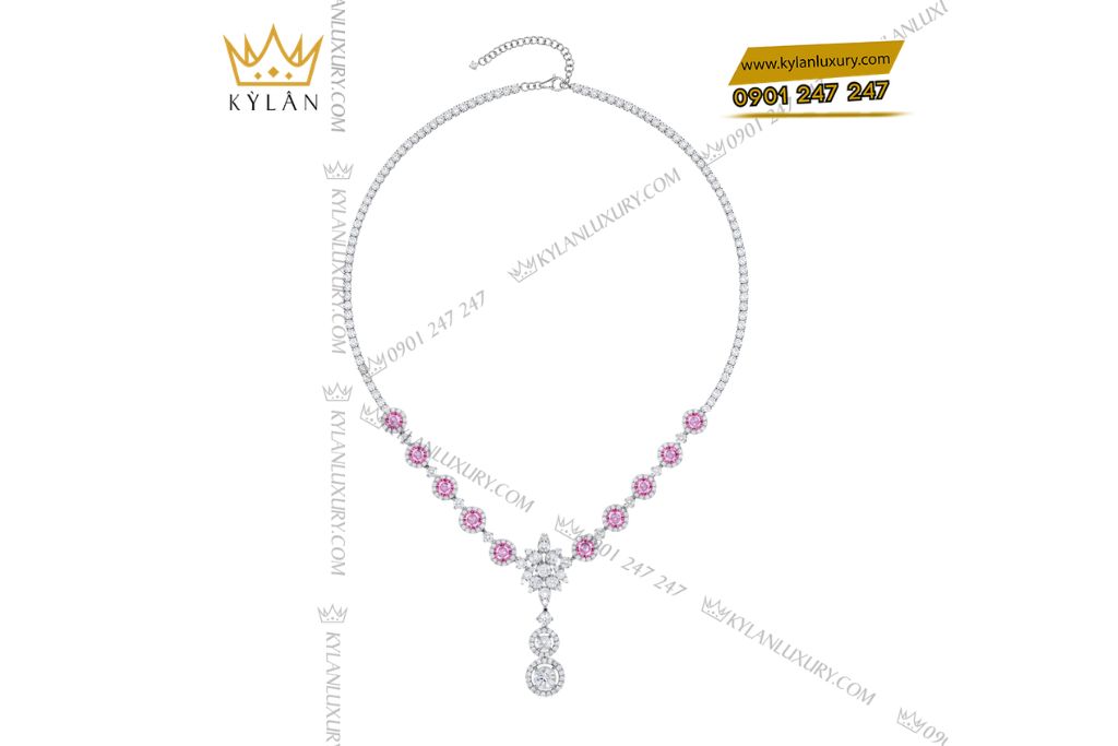 Dây chuyền vàng trắng Au750 đính kim cương và sapphire hồng
