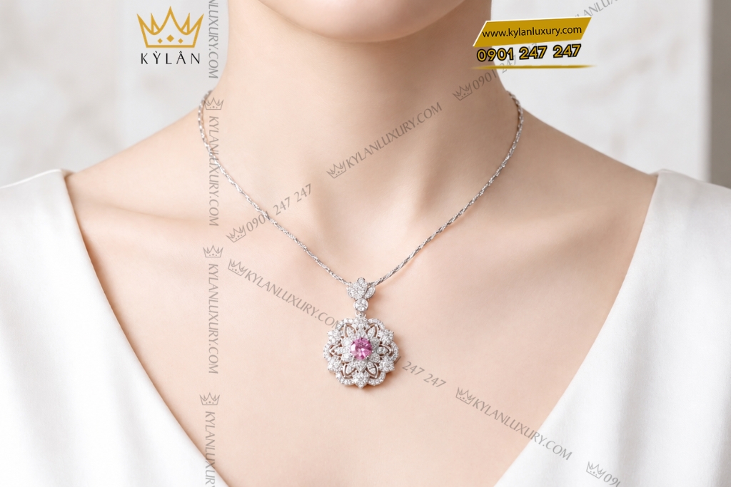 Kỳ Lân Luxury Day chuyen vang trang Au750 dinh kim cuong va sapphire hong 7 1 Dây chuyền vàng trắng Au750 đính kim cương và sapphire hồng