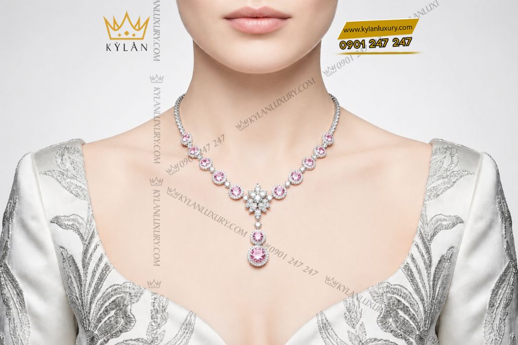 Dây chuyền vàng trắng Au750 đính kim cương và sapphire hồng