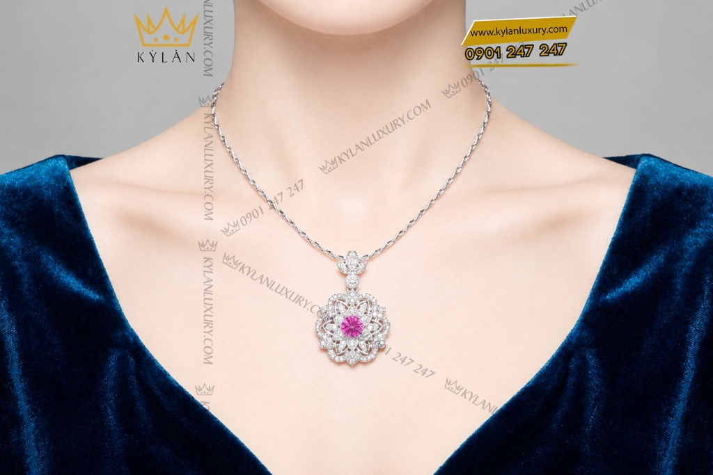 Dây chuyền vàng trắng Au750 đính kim cương và sapphire hồng