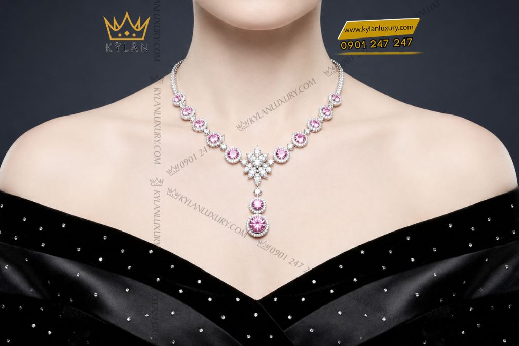 Dây chuyền vàng trắng Au750 đính kim cương và sapphire hồng