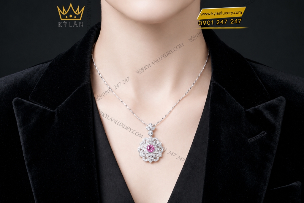 Dây chuyền vàng trắng Au750 đính kim cương và sapphire hồng