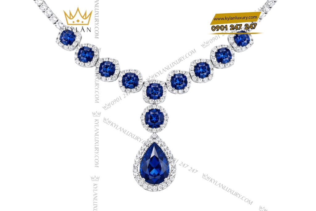 Dây chuyền vàng trắng Au750 đính kim cương và sapphire xanh đậm
