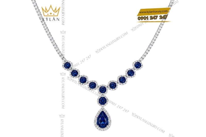 Dây chuyền vàng trắng Au750 đính kim cương và sapphire xanh đậm