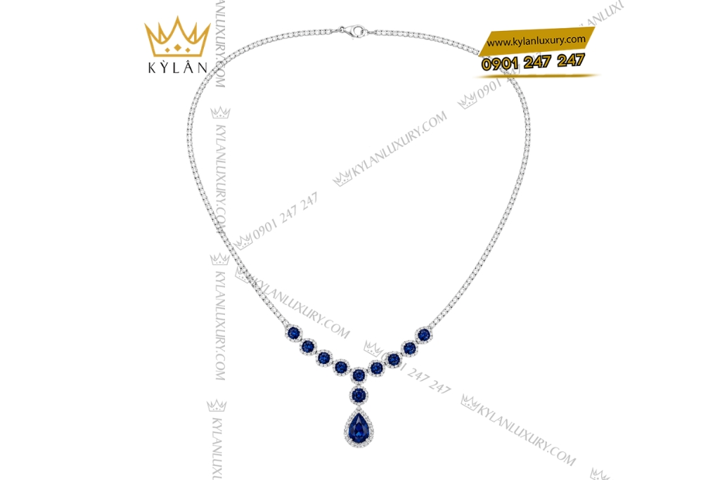 Dây chuyền vàng trắng Au750 đính kim cương và sapphire xanh đậm