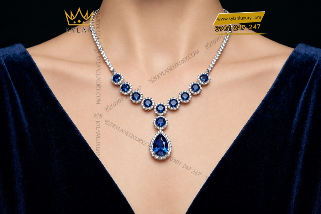 Kỳ Lân Luxury Day chuyen vang trang Au750 dinh kim cuong va sapphire xanh dam 6 Dây chuyền vàng trắng Au750 đính kim cương và sapphire xanh đậm