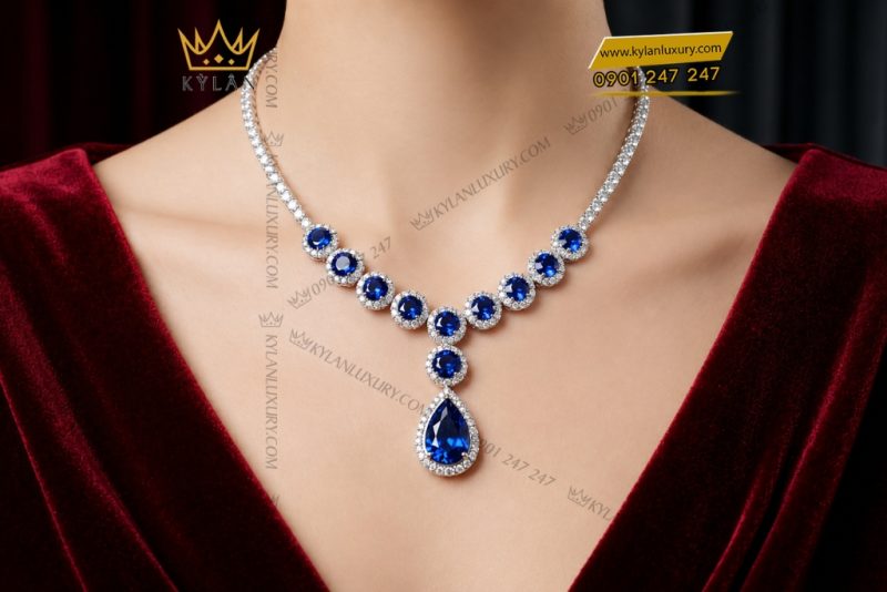 Dây chuyền vàng trắng Au750 đính kim cương và sapphire xanh đậm