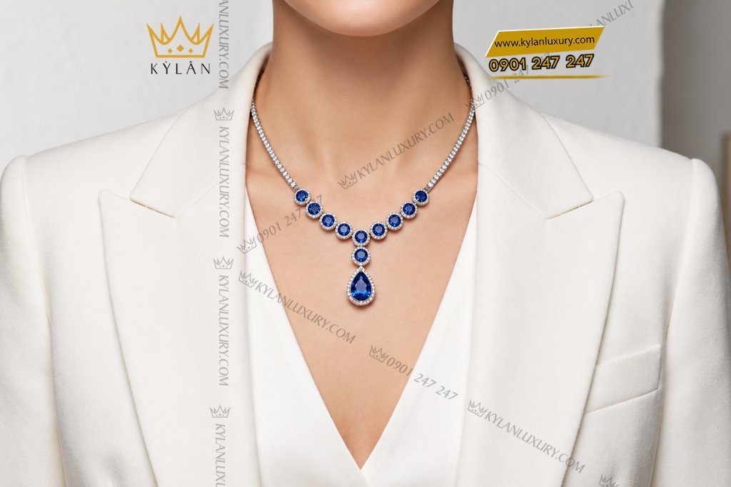 Dây chuyền vàng trắng Au750 đính kim cương và sapphire xanh đậm