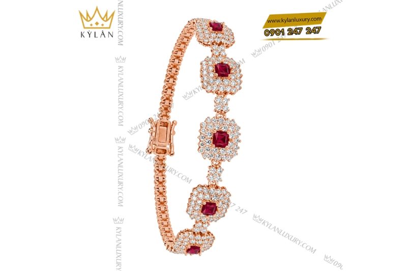 Lắc tay vàng hồng Au750 đính kim cương và sapphire đỏ