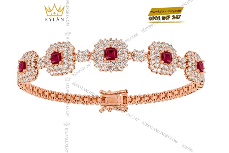 Lắc tay vàng hồng Au750 đính kim cương và sapphire đỏ