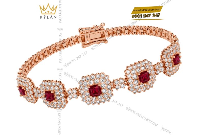 Lắc tay vàng hồng Au750 đính kim cương và sapphire đỏ