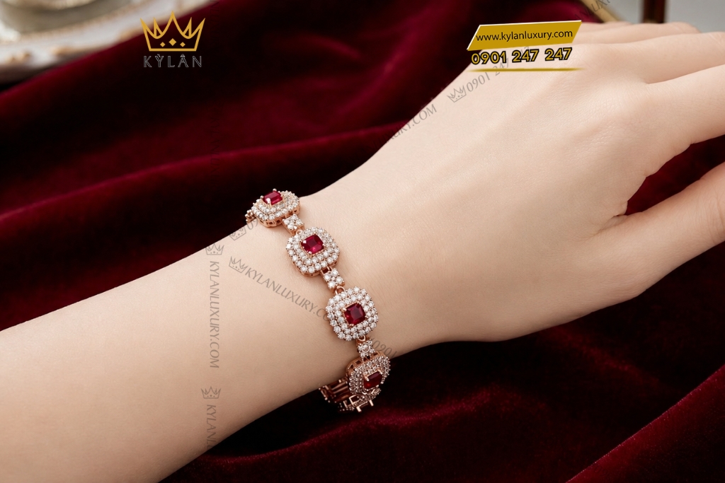 Lắc tay vàng hồng Au750 đính kim cương và sapphire đỏ 12 Kỳ Lân Luxury Lac tay vang hong Au750 dinh kim cuong va sapphire do 7 Lắc tay vàng hồng Au750 đính kim cương và sapphire đỏ