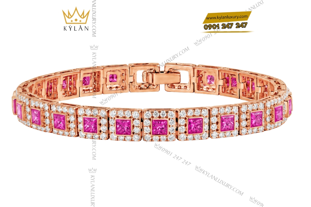 Lắc tay vàng hồng Au750 đính kim cương và sapphire hồng