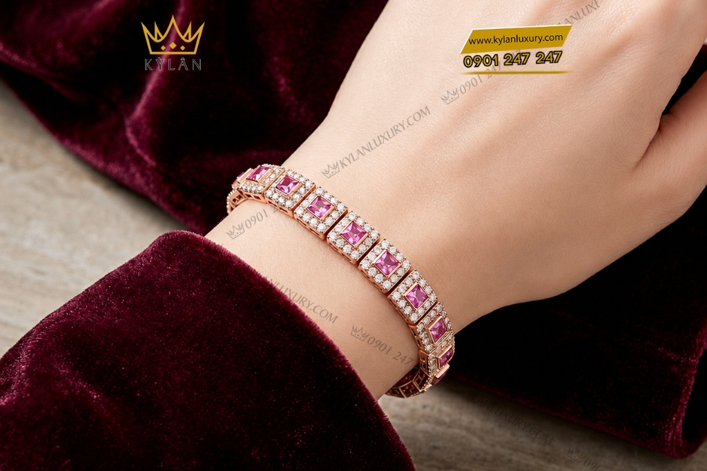 Lắc tay vàng hồng Au750 đính kim cương và sapphire hồng