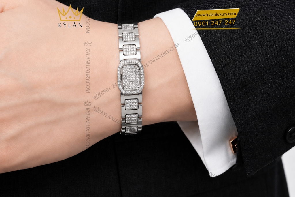 Lắc tay vàng trắng Au750 đính kim cương