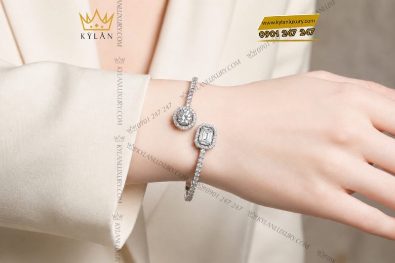 Lắc tay vàng trắng Au750 đính kim cương
