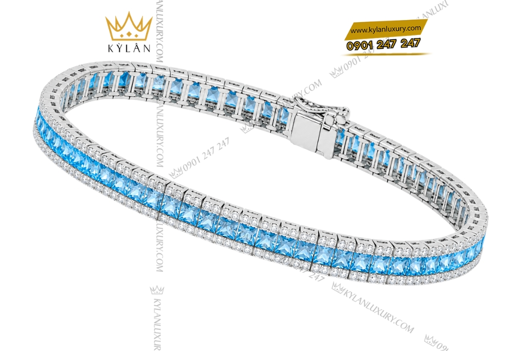 Lắc tay vàng trắng Au750 đính kim cương và đá Topaz