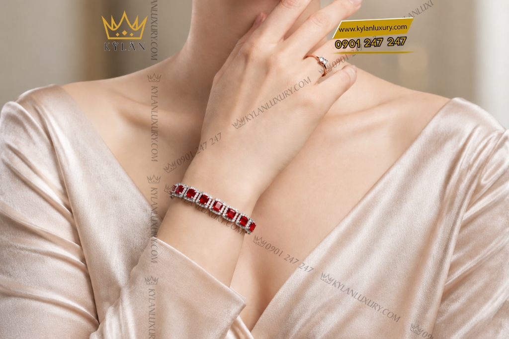 Kỳ Lân Luxury Lac tay vang trang Au750 dinh kim cuong va sapphire do 10 Lắc tay vàng trắng Au750 đính kim cương và sapphire đỏ