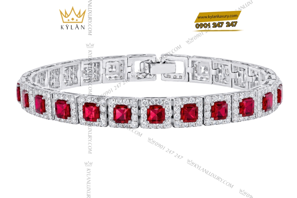 Lắc tay vàng trắng Au750 đính kim cương và sapphire đỏ