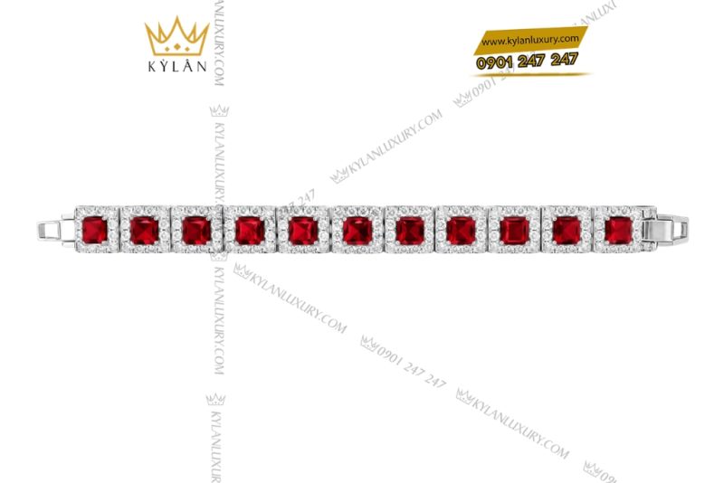 Lắc tay vàng trắng Au750 đính kim cương và sapphire đỏ