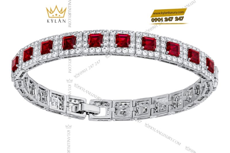 Lắc tay vàng trắng Au750 đính kim cương và sapphire đỏ