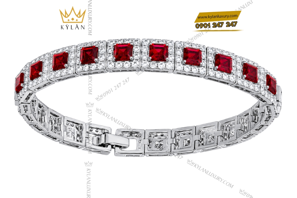 Lắc tay vàng trắng Au750 đính kim cương và sapphire đỏ