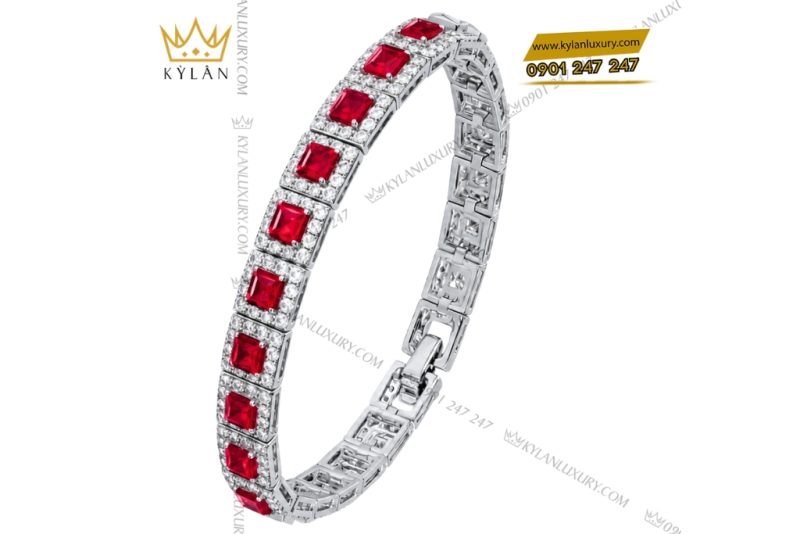 Lắc tay vàng trắng Au750 đính kim cương và sapphire đỏ