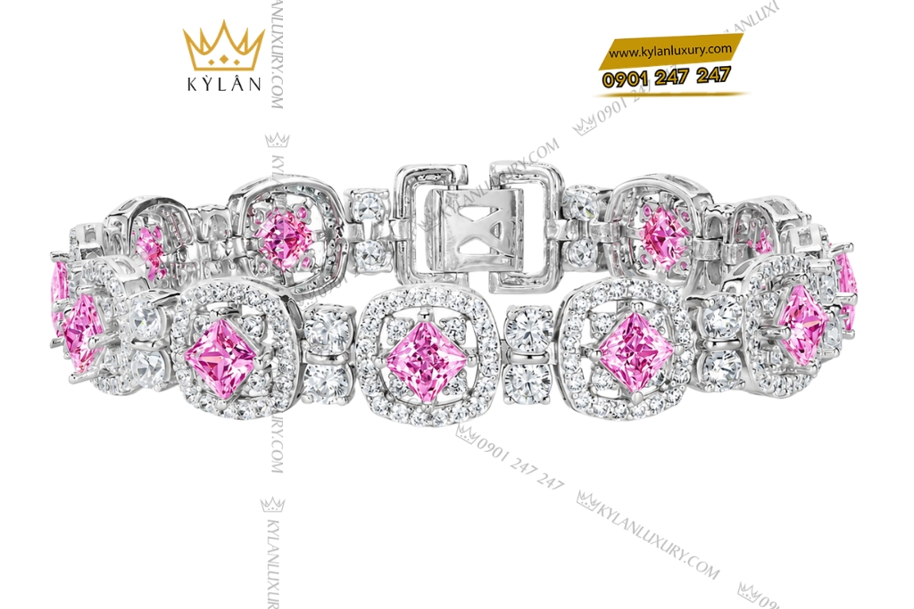 Lắc tay vàng trắng Au750 đính kim cương và sapphire hồng