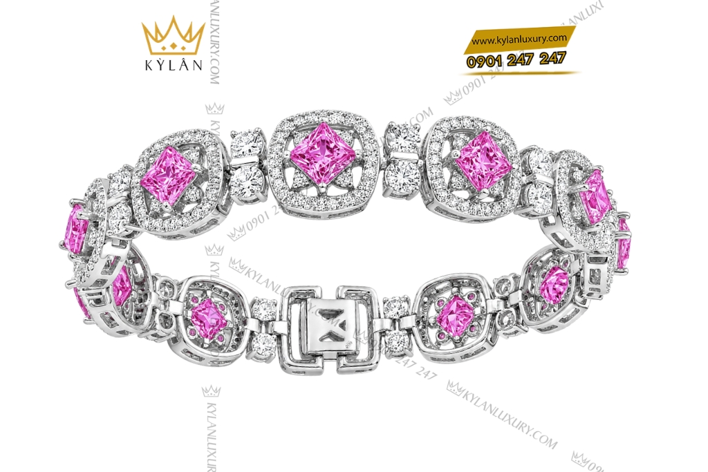 Lắc tay vàng trắng Au750 đính kim cương và sapphire hồng