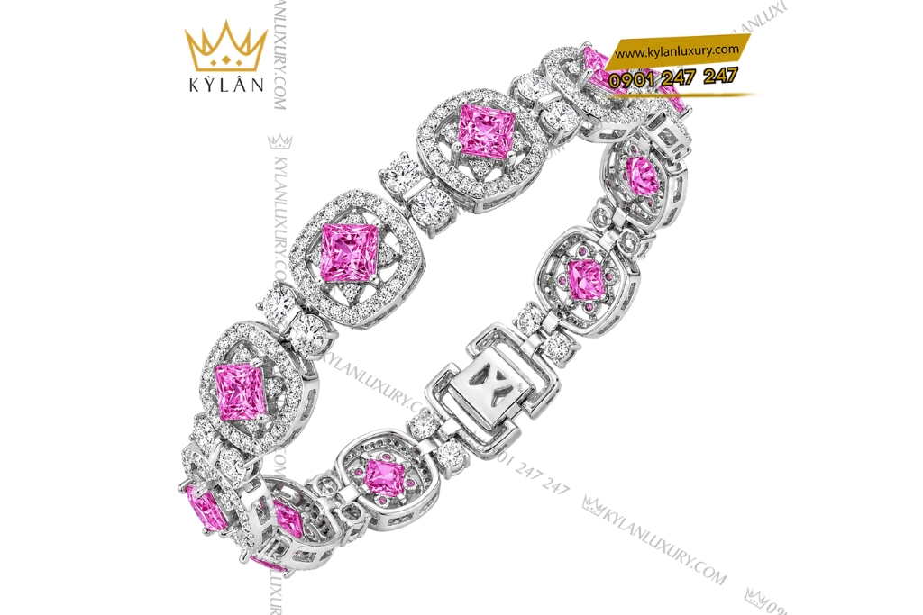 Kỳ Lân Luxury Lac tay vang trang Au750 dinh kim cuong va sapphire hong 4 Lắc tay vàng trắng Au750 đính kim cương và sapphire hồng