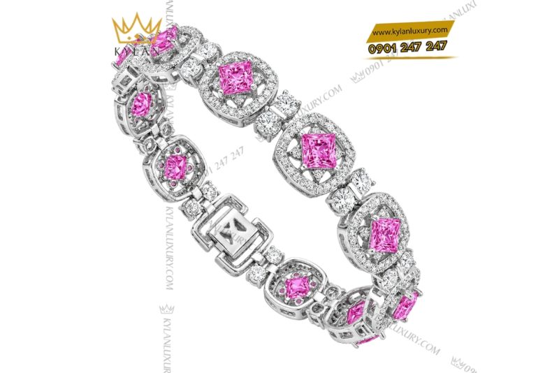 Lắc tay vàng trắng Au750 đính kim cương và sapphire hồng