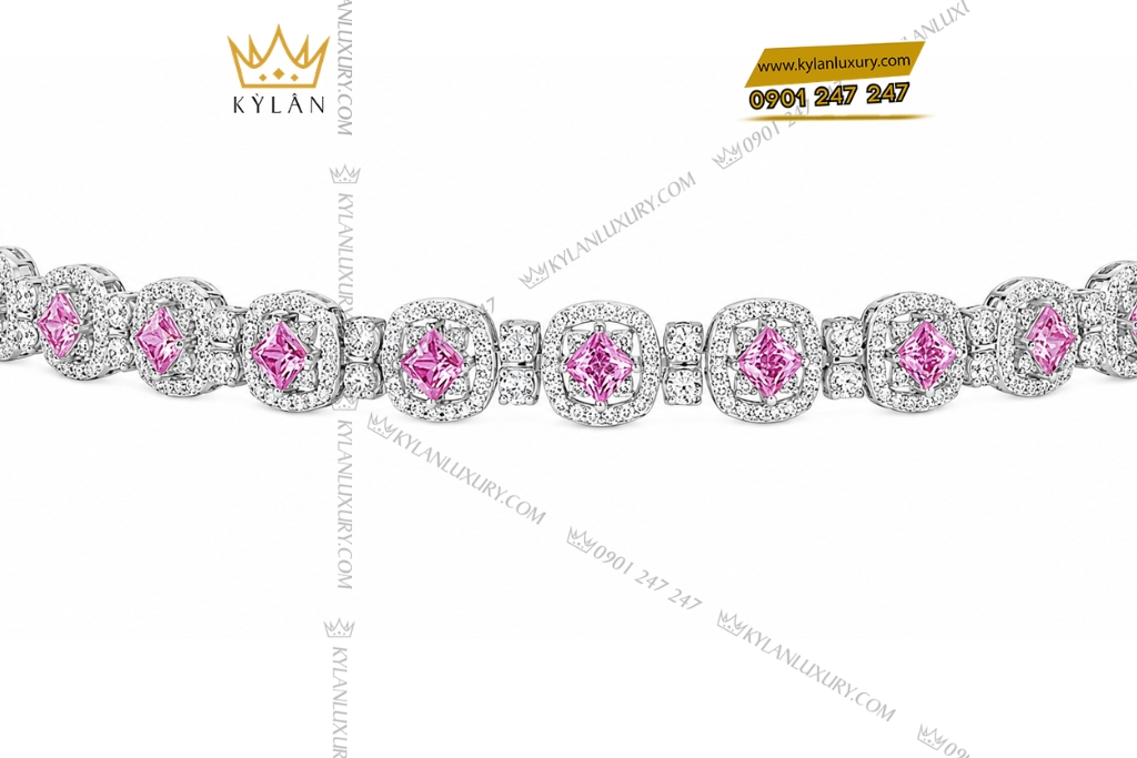 Kỳ Lân Luxury Lac tay vang trang Au750 dinh kim cuong va sapphire hong 6 Lắc tay vàng trắng Au750 đính kim cương và sapphire hồng