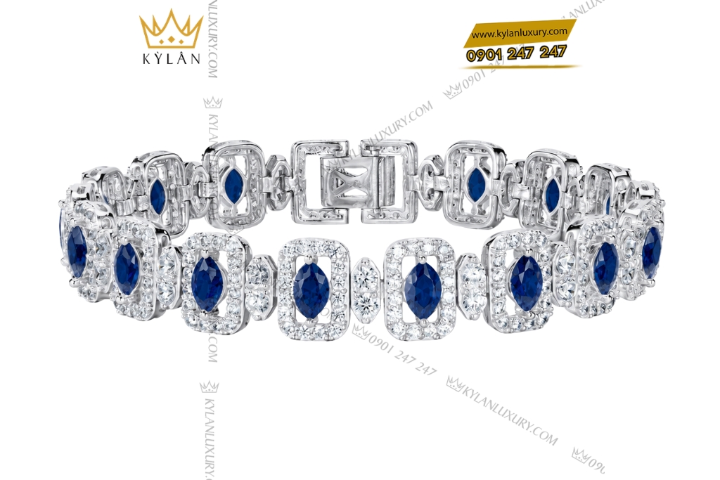 Lắc tay vàng trắng Au750 đính kim cương và sapphire xanh dương