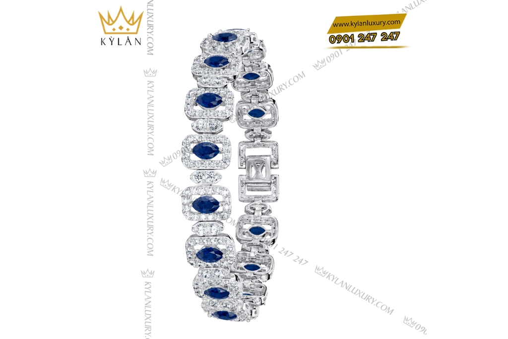 Lắc tay vàng trắng Au750 đính kim cương và sapphire xanh dương
