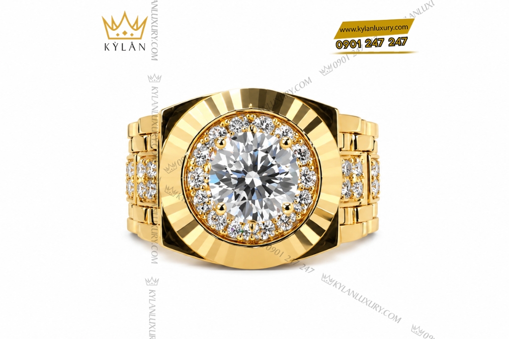 Kỳ Lân Luxury Nhan Rolex vang vangAu750 dinh vien chu 8ly1 2 Nhẫn Rolex vàng vàng Au750 đính viên chủ 8ly1